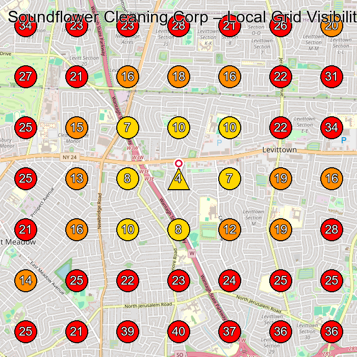 Soundflower Cleaning Corp GeoGrid visibility map for Commercial Cleaning Service in Bellmore